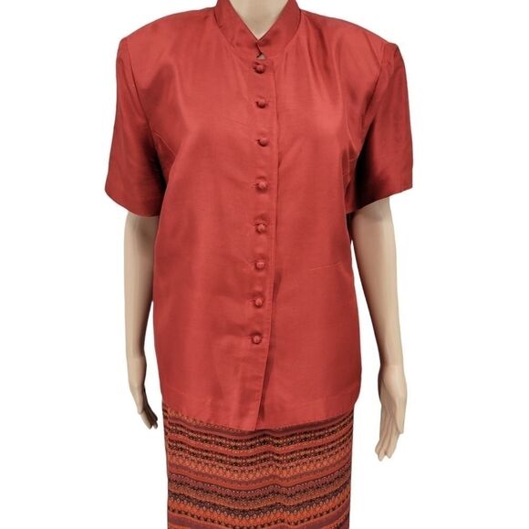 Plaza South Vintage Silk Burnt Rust Orange Maxi Skirt Blouse Matching Set - Picture 2 of 15